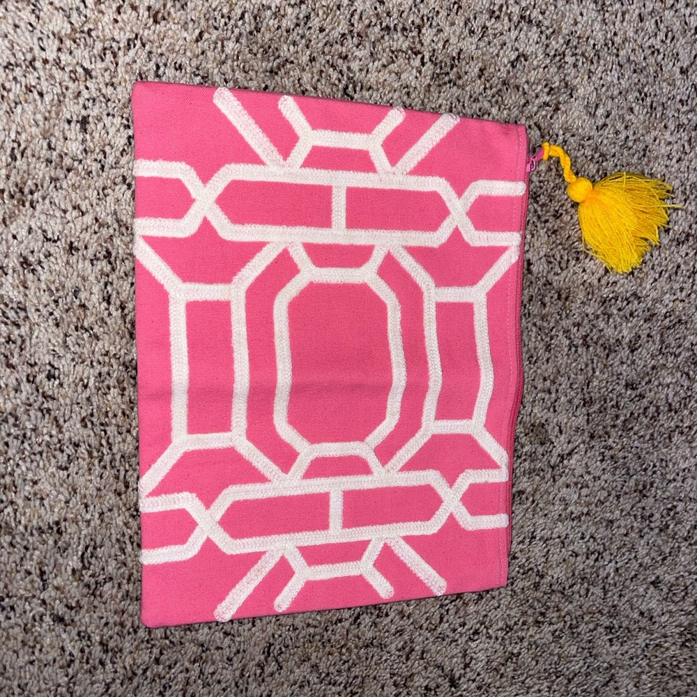 Pink Pouch with White Geometric Pattern and Yellow Tassel